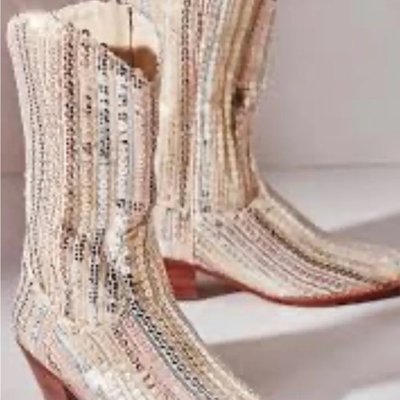 Free People MOMO Luna Sequin Boots Ivory Gold Silver Cowboy Back Zipper - Picture 7 of 12